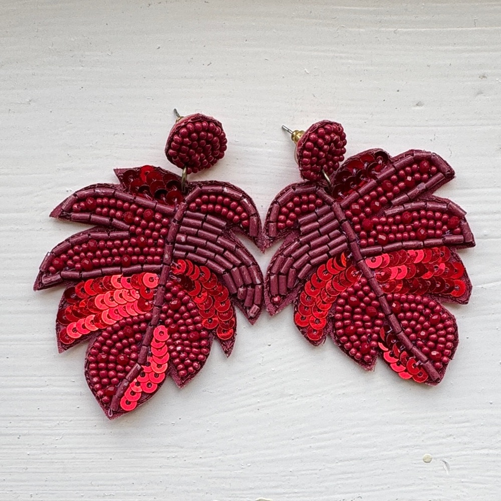 Elegant Red Beaded  and sequined Leaf Earrings